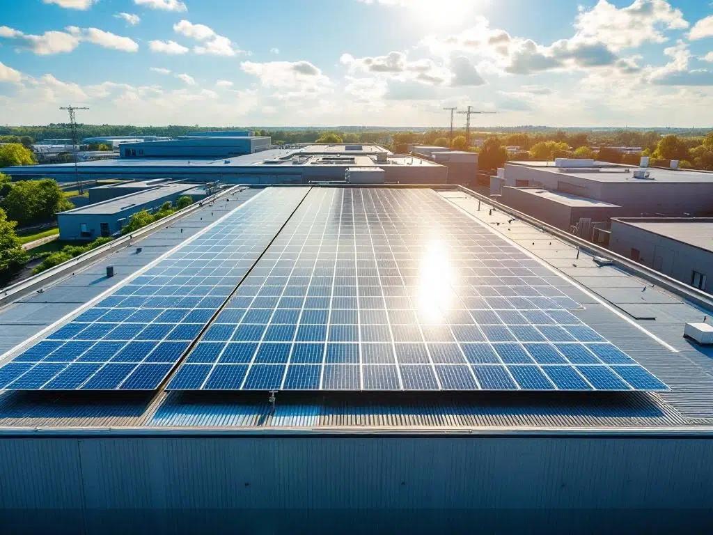 Aerial view of solar panels arranged in geometric rows on industrial rooftop under blue sky with clouds
