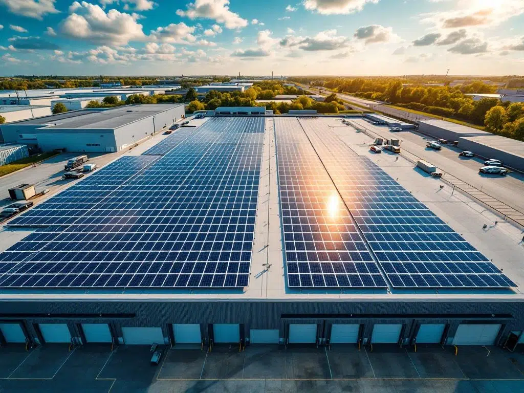 Aerial view of solar panels arranged in geometric rows on industrial warehouse rooftop under clear blue sky