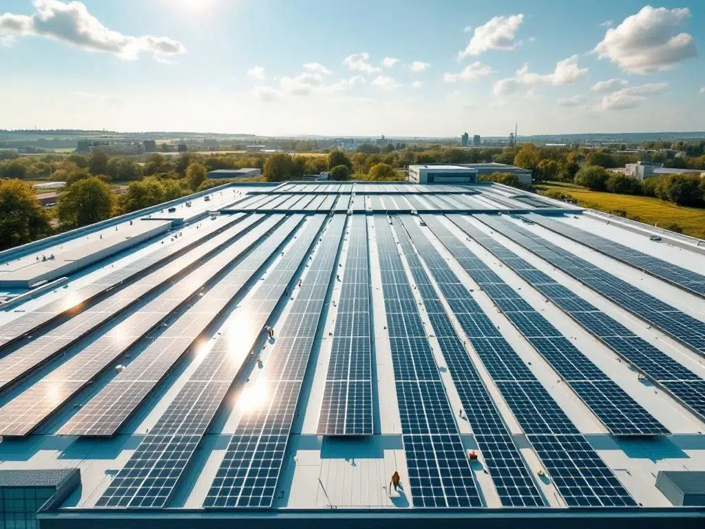 Aerial view of solar panels arranged in geometric rows on commercial industrial rooftop under clear blue sky