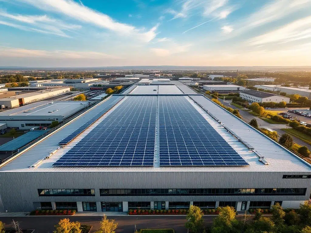 Aerial view of commercial building rooftop with geometric rows of blue solar panels during golden hour lighting