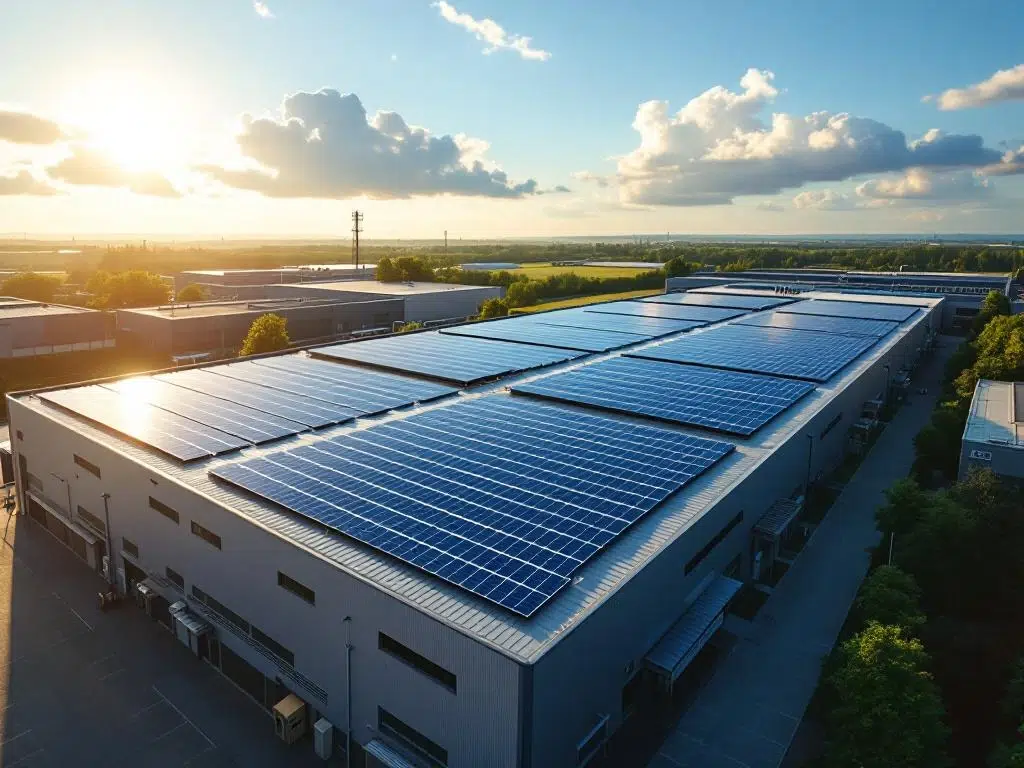 Aerial view of commercial building rooftop with solar panels arranged in geometric rows during golden hour lighting