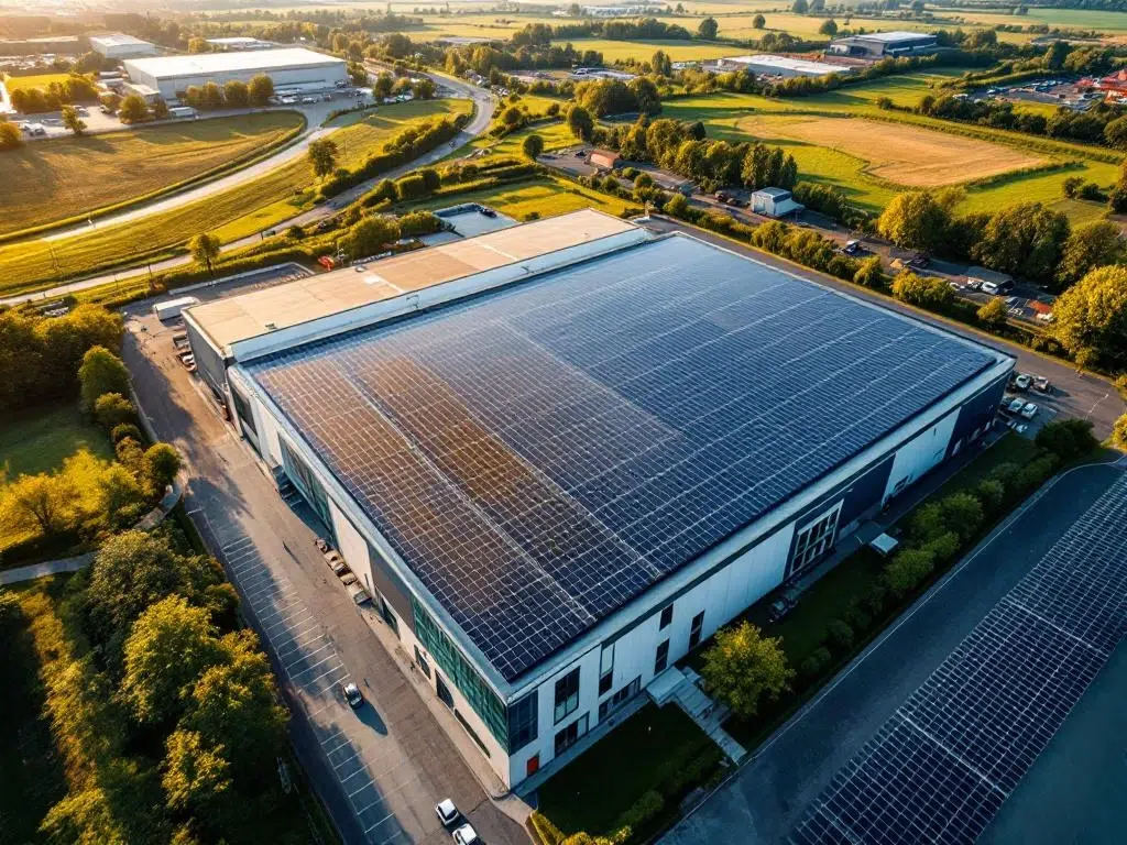 Luchtfoto van commercieel bedrijfsdak met zonnepanelen in verschillende onderhoudsstaten, enkele met slijtage en verkleuring.