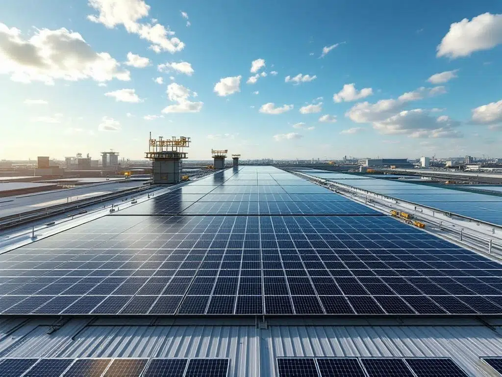 Aerial view of solar panels arranged in geometric rows on commercial supermarket rooftop under clear blue sky