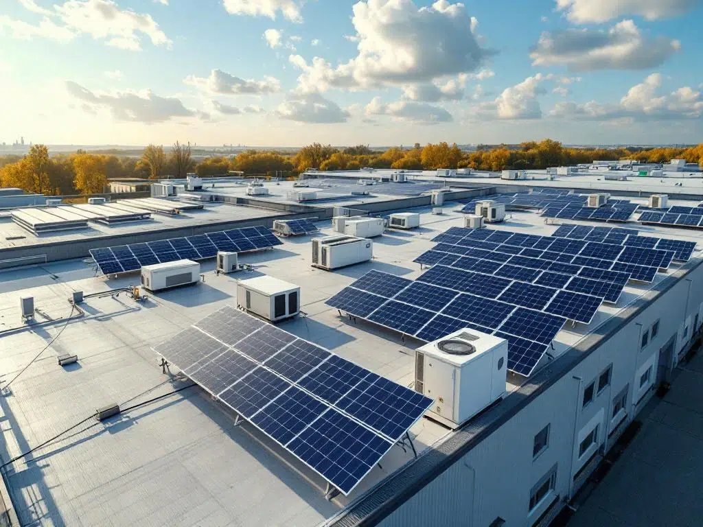 Solar panels and heat pumps on commercial rooftop in geometric rows, aerial view of renewable energy systems integration