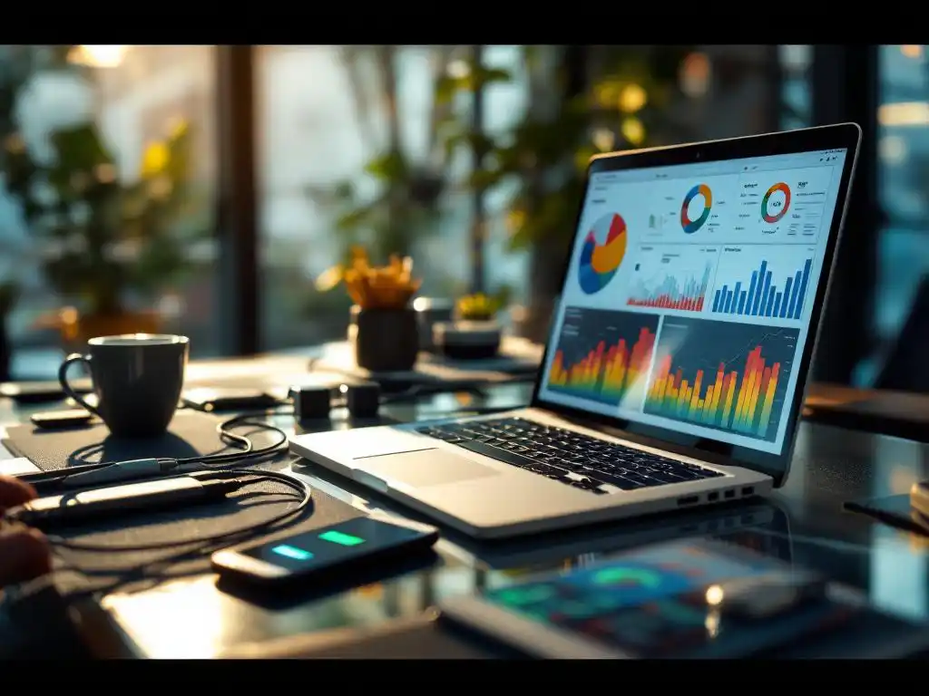 Business analyst typing on laptop displaying data visualisation charts with charging cables and smartphone on glass desk
