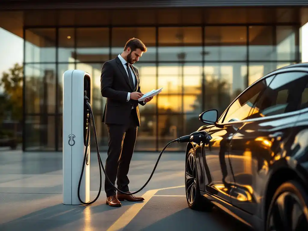 Business executive reviewing financial documents beside electric vehicle charging station at corporate office building