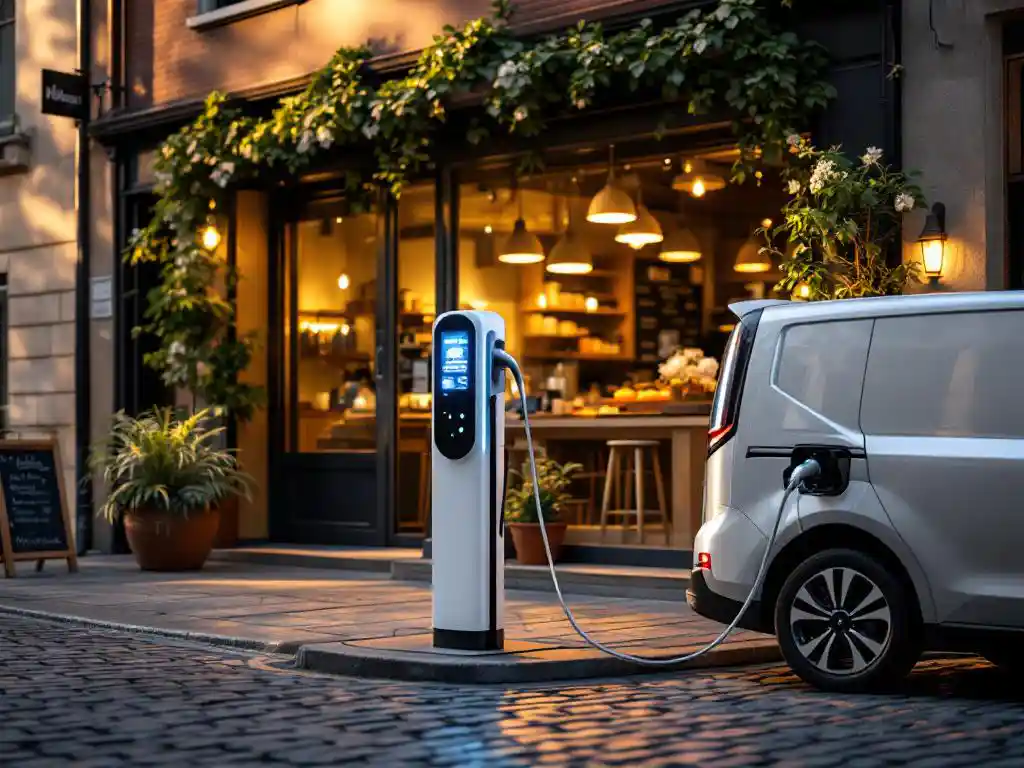 Electric delivery van charging at modern station outside family bakery during golden hour on cobblestone street