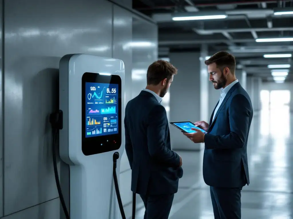 Businessman examining tablet with data analytics next to modern electric vehicle charging station in corporate car park
