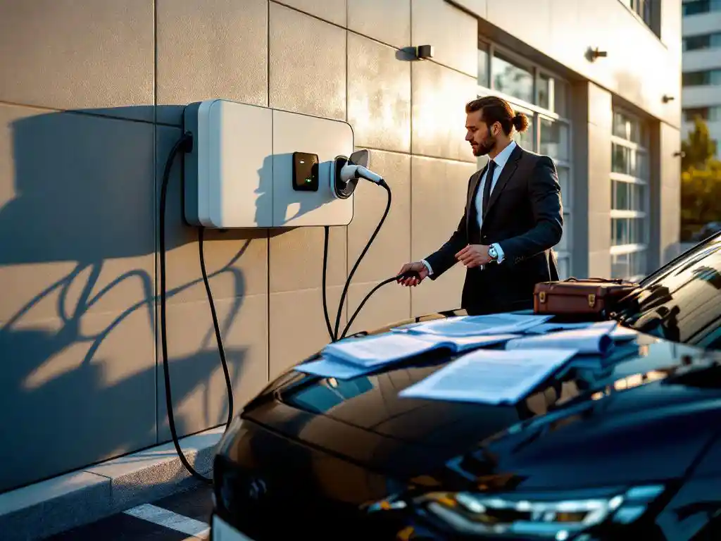 Business person in suit plugging electric car into modern charging station mounted on office building wall