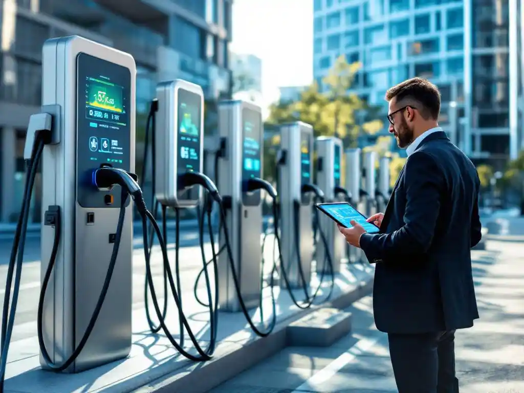 Modern electric vehicle charging station with digital displays and businessman monitoring usage data on tablet outside corporate building