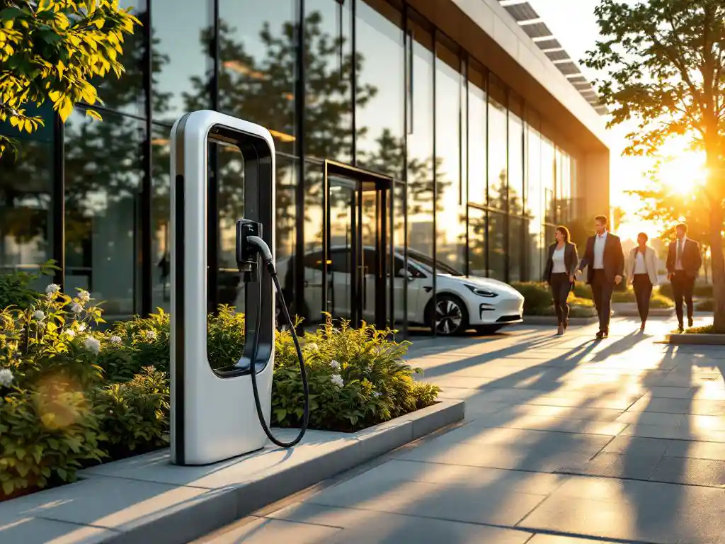 Electric vehicle charging station at modern office building with white EV connected, solar panels on roof, golden hour lighting