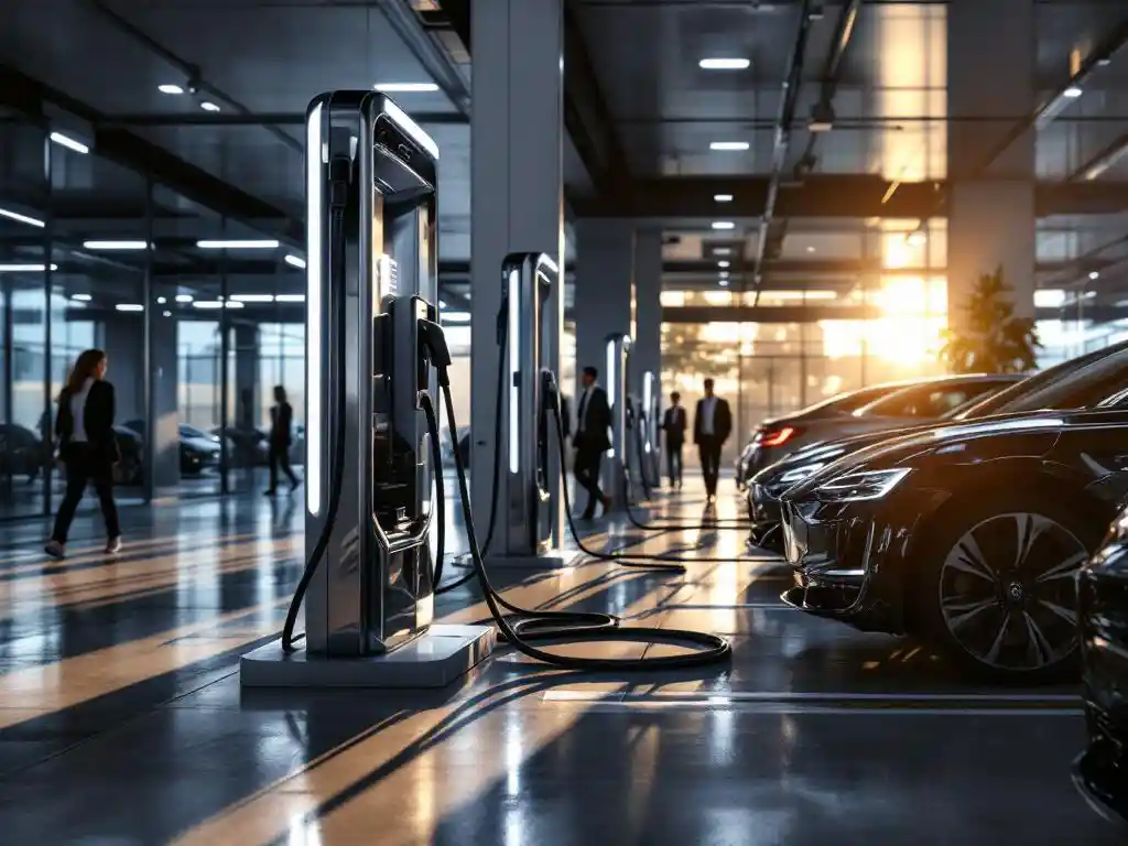 Electric vehicle charging station with multiple cables connected to luxury cars in upscale corporate car park with LED lighting.