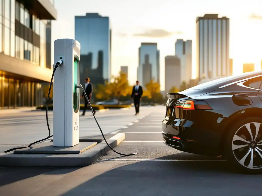 Electric vehicle charging station in corporate car park with luxury sedan connected, business buildings and professionals in background