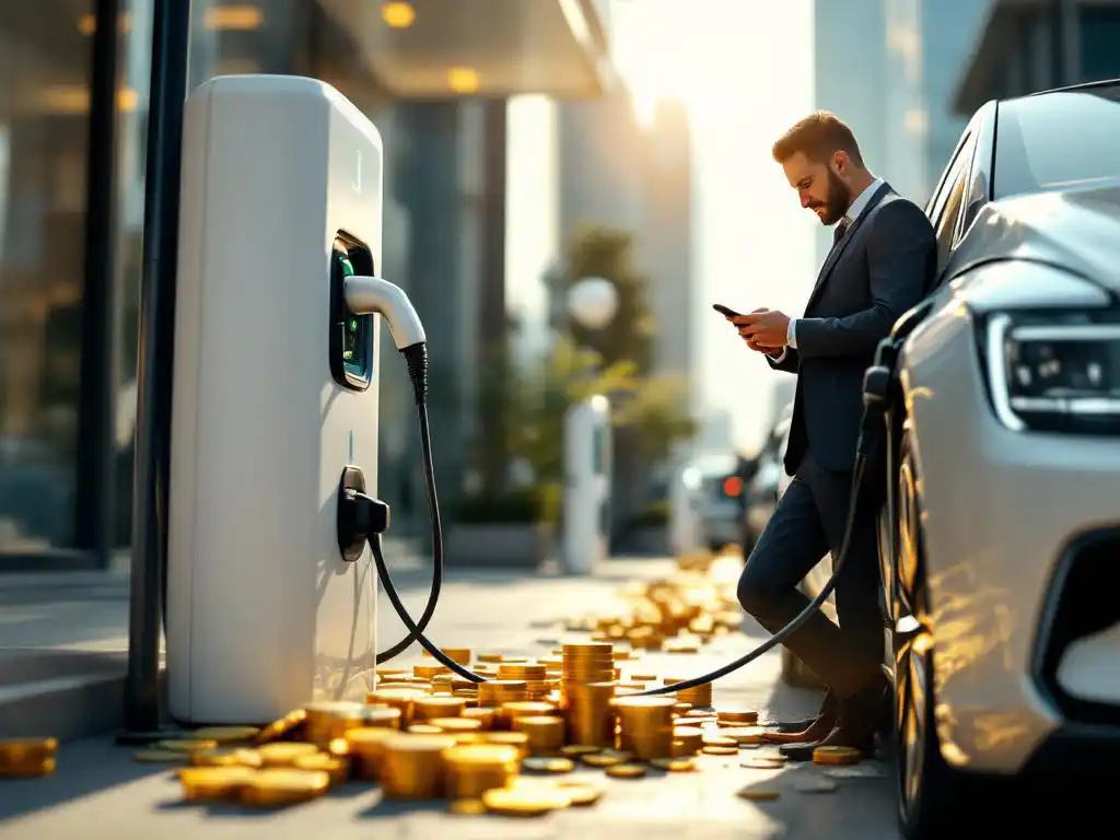 Electric vehicle charging at modern white charging station with businessman using smartphone, surrounded by scattered money symbolising EV investment
