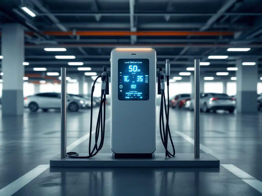 Modern electric vehicle charging station with multiple cables connected to cars, featuring illuminated control panel in corporate car park