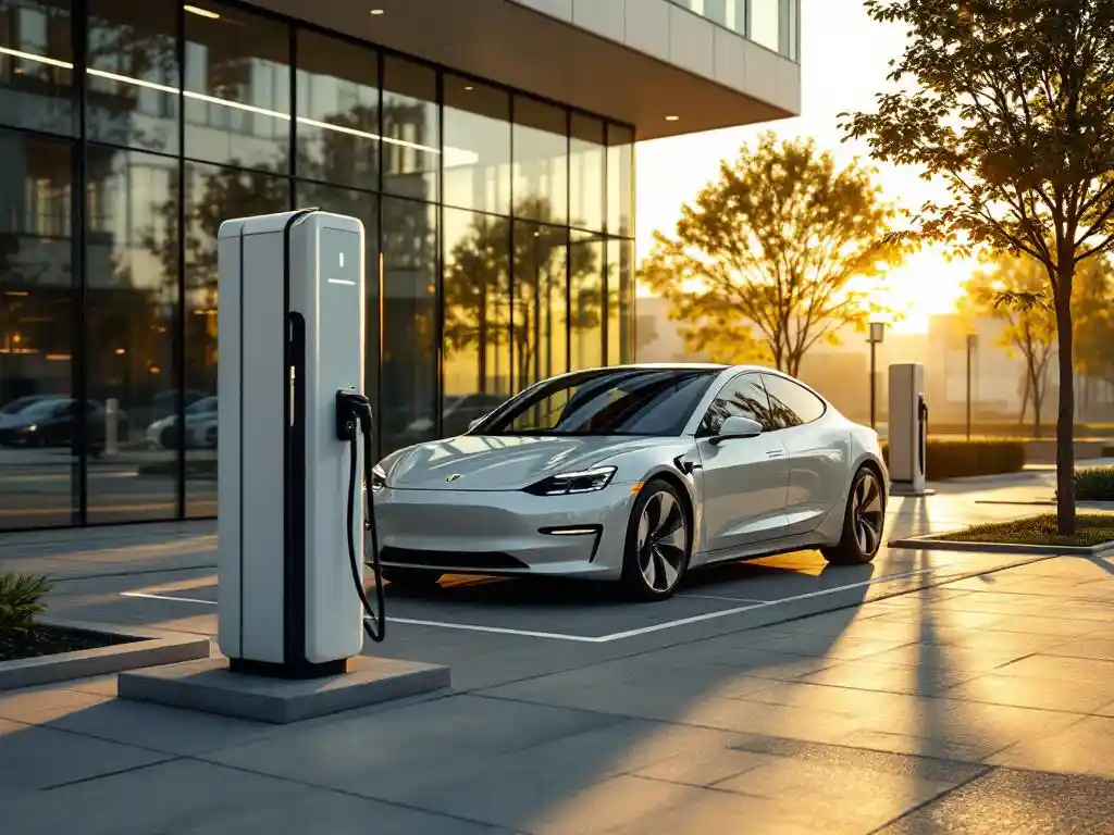Electric vehicle charging at modern corporate charging station outside contemporary glass office building