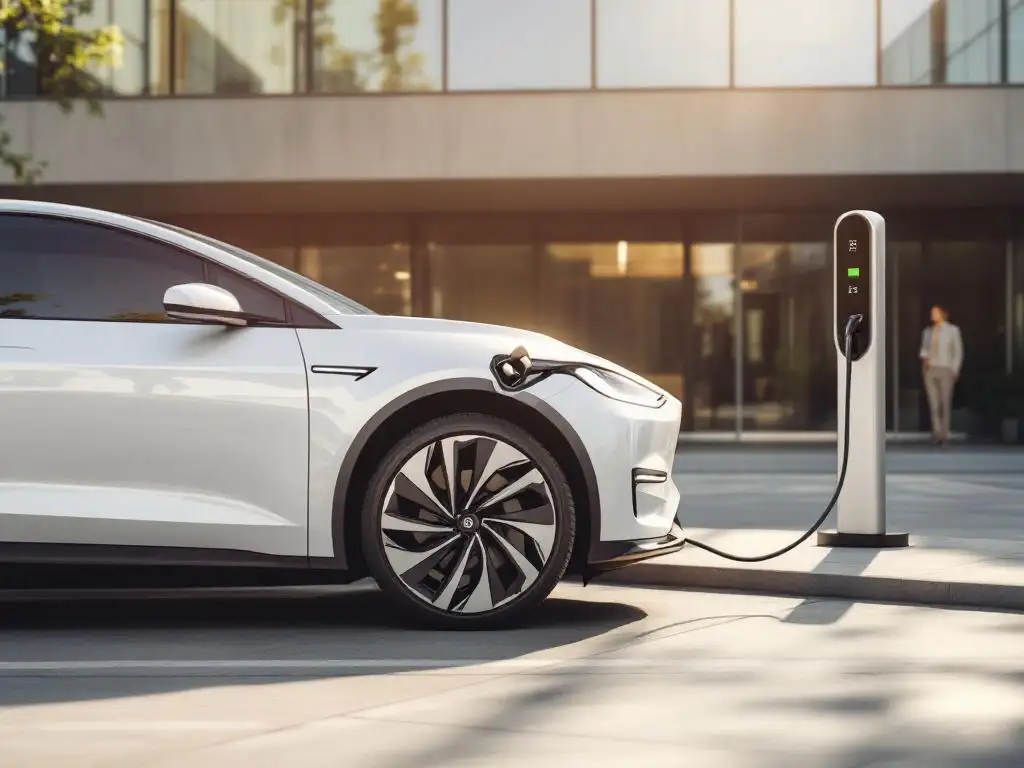 White electric vehicle charging at modern station outside contemporary office building with glass windows