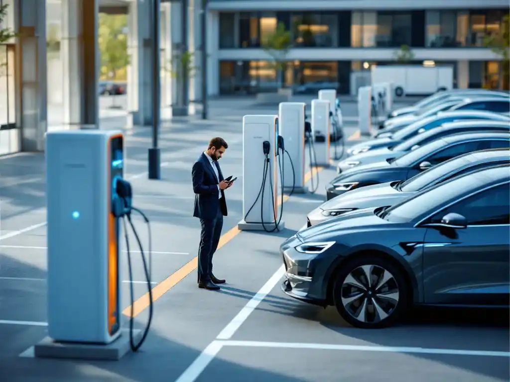 Modern office car park with electric vehicle charging stations, businessman checking phone beside EV charger with blue LED indicator.