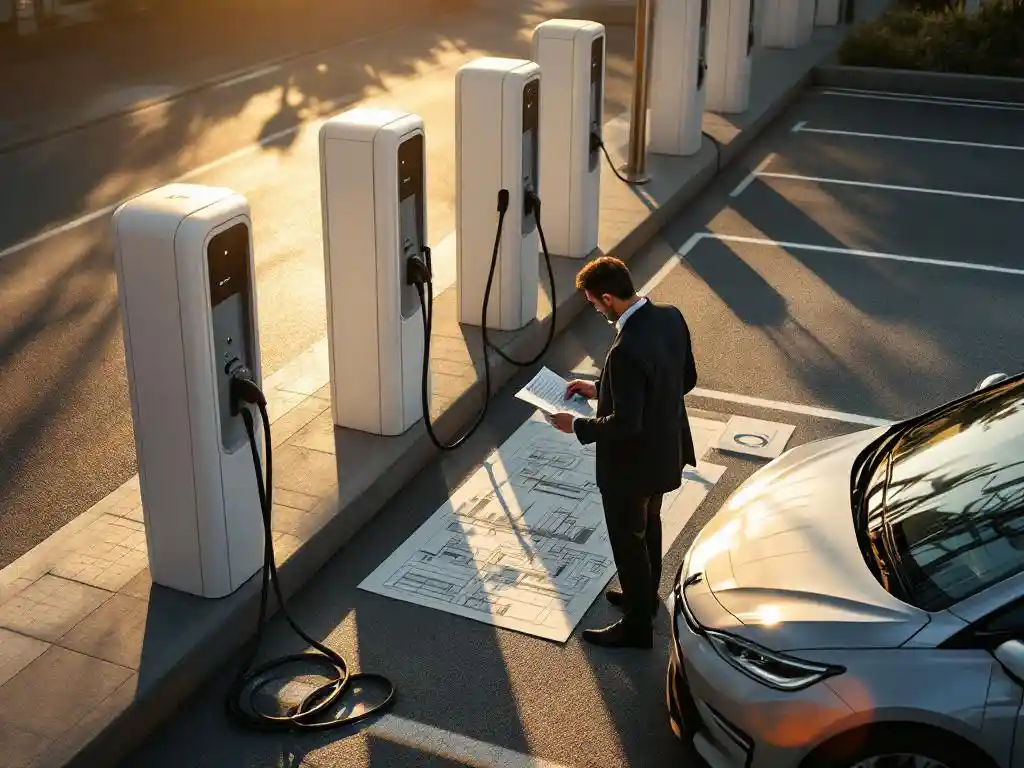 Urban planner reviewing infrastructure blueprints on electric car bonnet at modern EV charging station during golden hour