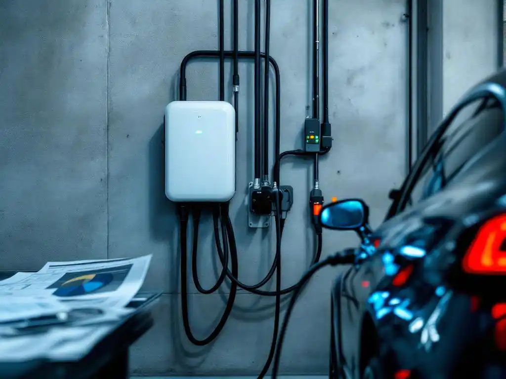 Electric vehicle charging station mounted on wall with cables connected to modern car in professional workshop environment