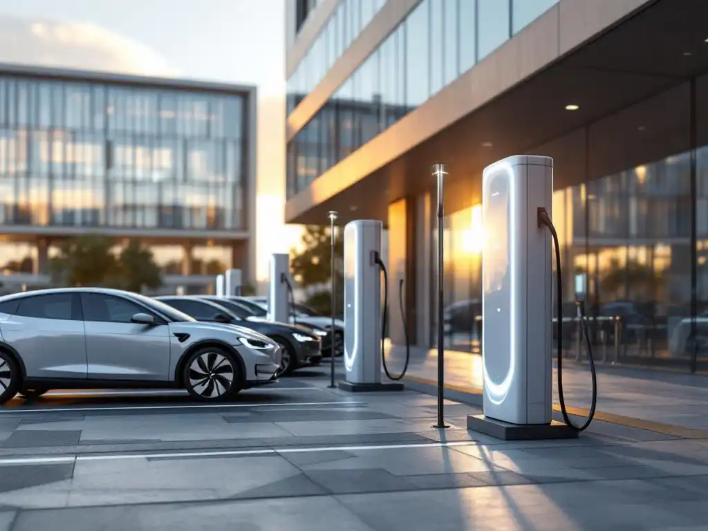 Electric vehicle charging stations with cars plugged in outside modern glass office building in morning light