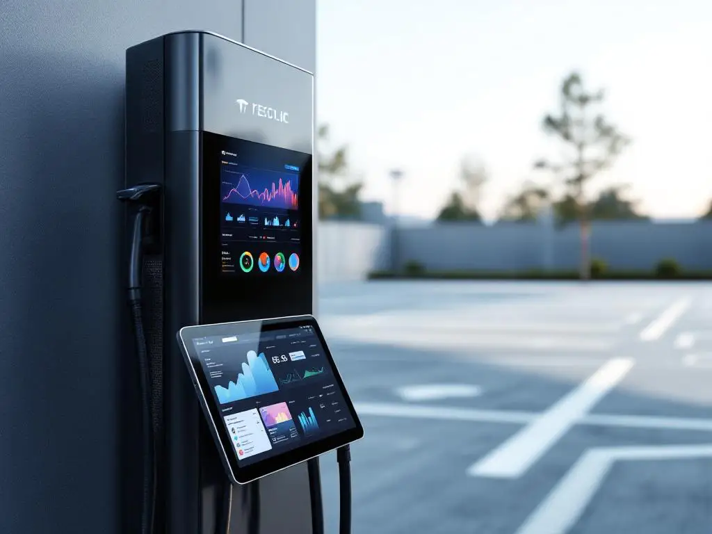 Electric vehicle charging station with digital display showing data charts in modern corporate car park