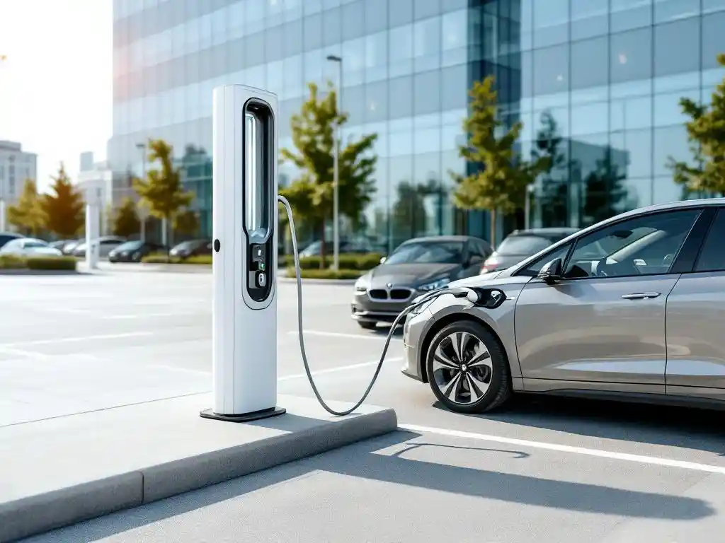 Electric vehicle charging station with white cable connected to business sedan in modern office car park