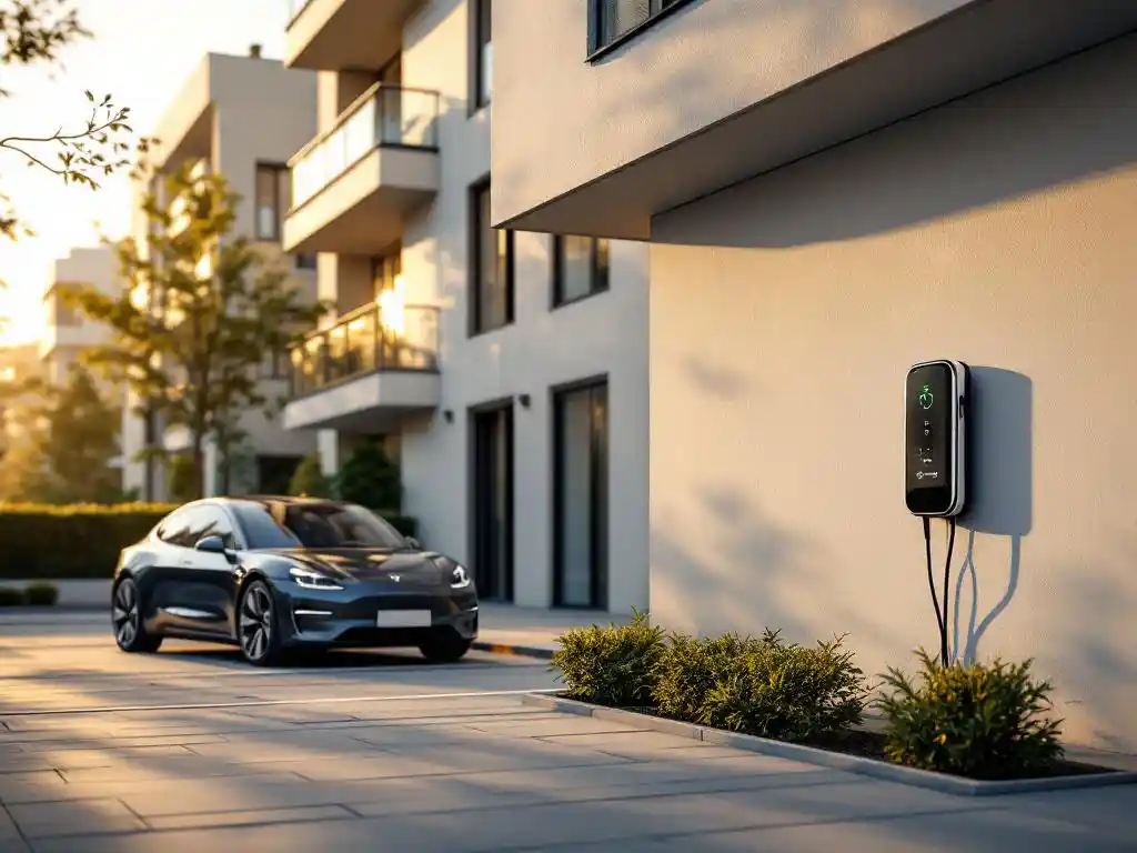 Electric vehicle charging station mounted on apartment building wall with white cable connected to luxury car