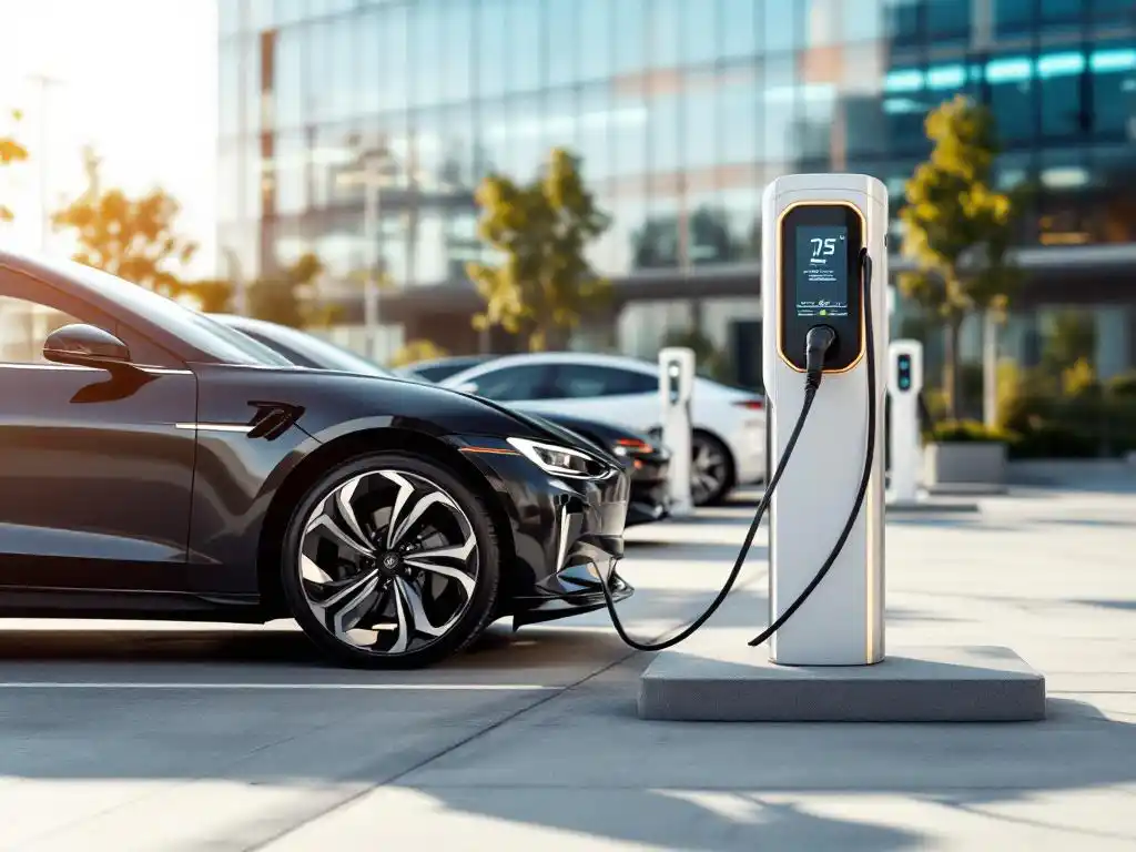Modern electric vehicle charging at white station in corporate car park with office building in background
