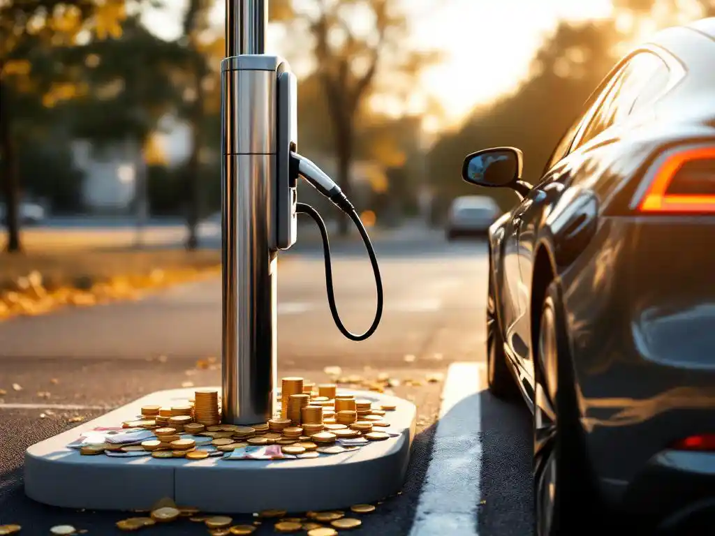 Electric vehicle charging at station with scattered euro coins and bills around base, satisfied business person visible through window