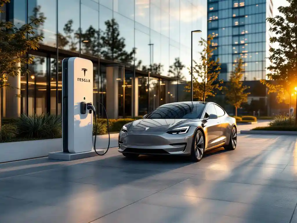 Electric vehicle charging at modern commercial charging station outside contemporary office building during golden hour