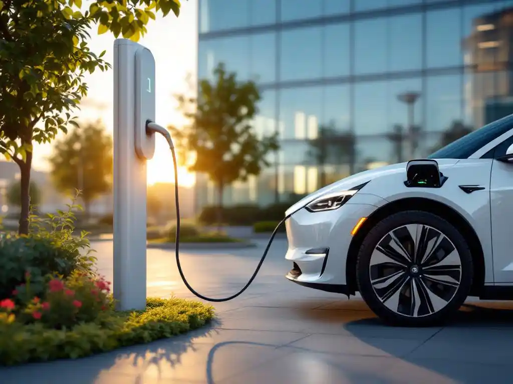 White electric vehicle charging at modern station with ivy-covered pole, corporate building backdrop, golden hour lighting