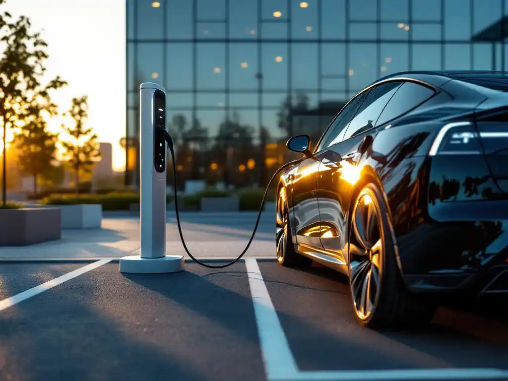 Electric vehicle charging at corporate office station with glowing LED cable indicators and modern glass building