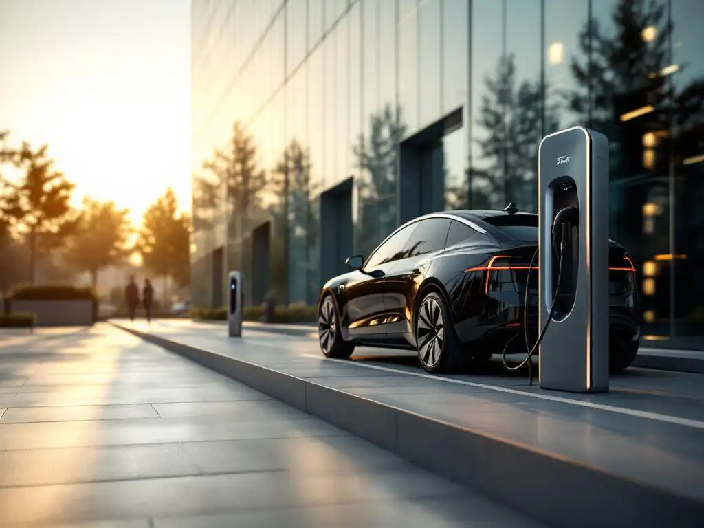 Modern electric vehicle charging at station outside glass office building during golden hour lighting