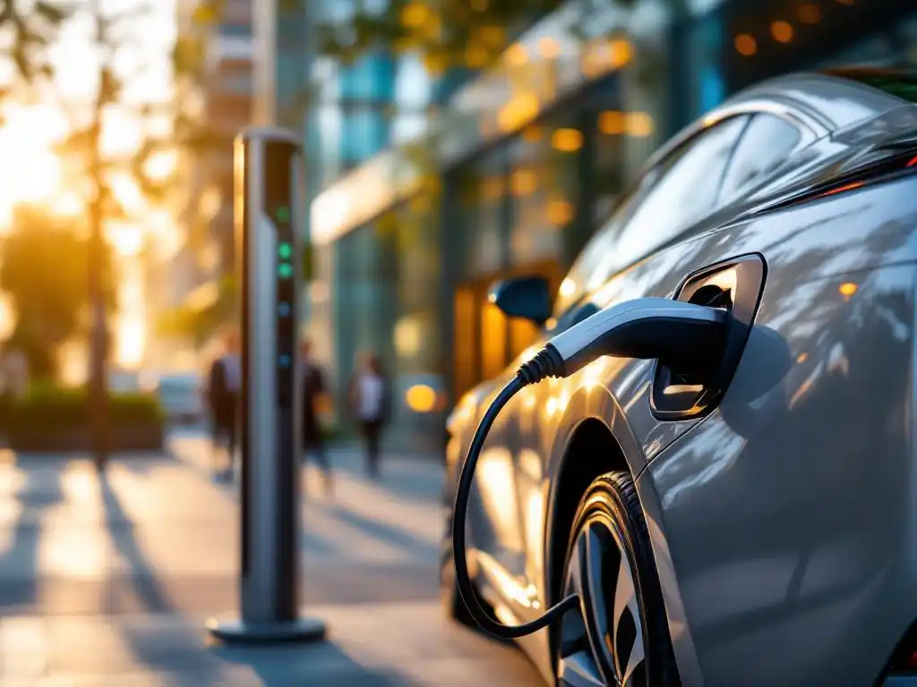 Electric vehicle charging at modern station outside corporate office building with business people in background