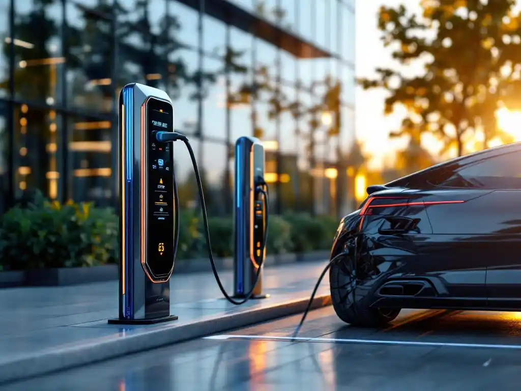 Modern electric vehicle charging station with luxury sedan connected by charging cable, LED display active, glass office building background