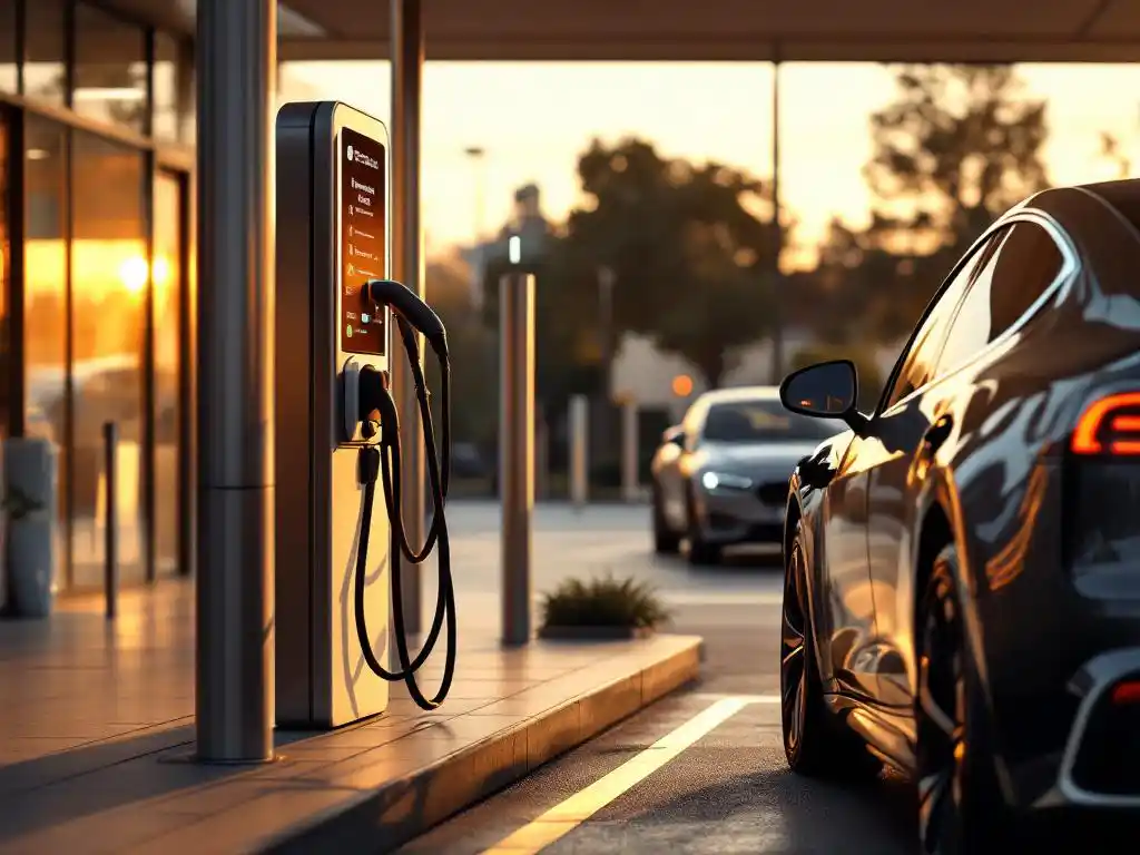 Modern electric vehicle charging station with multiple cars connected to charging cables, digital payment terminal, and convenience store in background