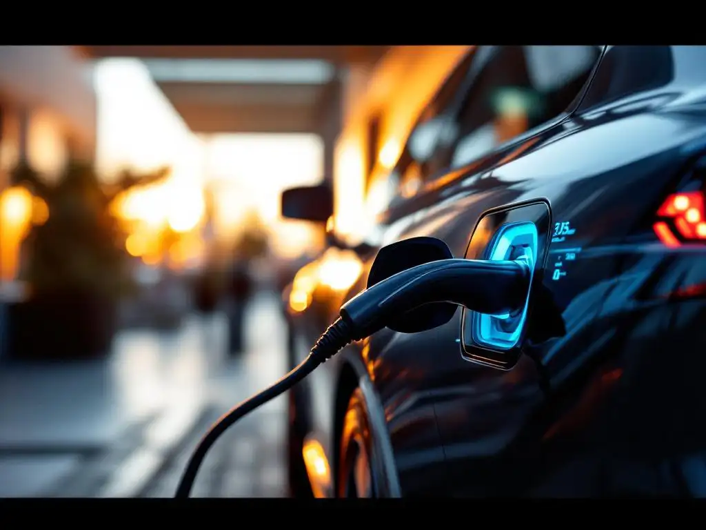 Modern electric vehicle charging at intelligent station with glowing blue cable and digital display in urban setting