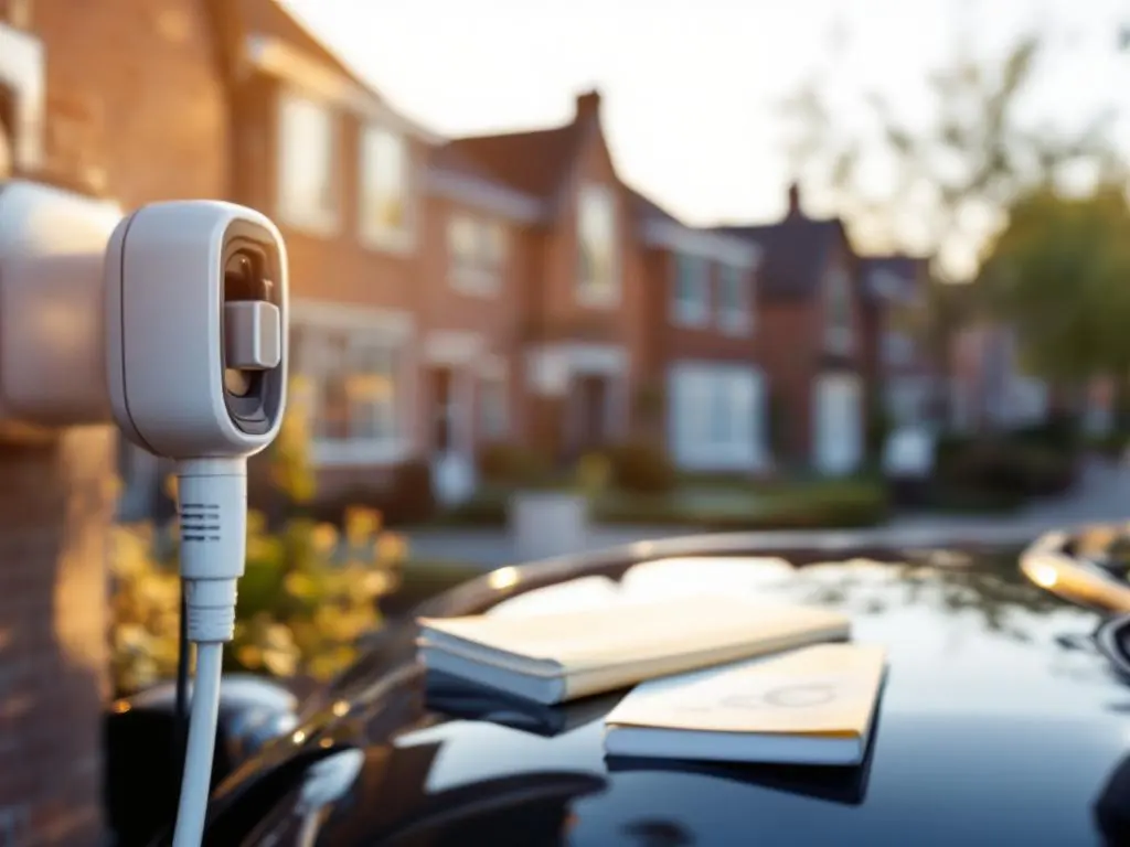 Electric vehicle charging at modern station with government subsidy documents on bonnet, Dutch residential street background