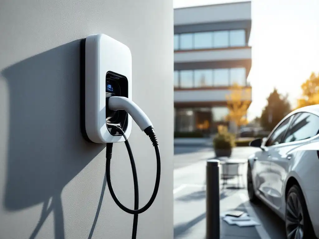 White Tesla Model 3 connected to modern electric vehicle charging station with financial documents on table nearby