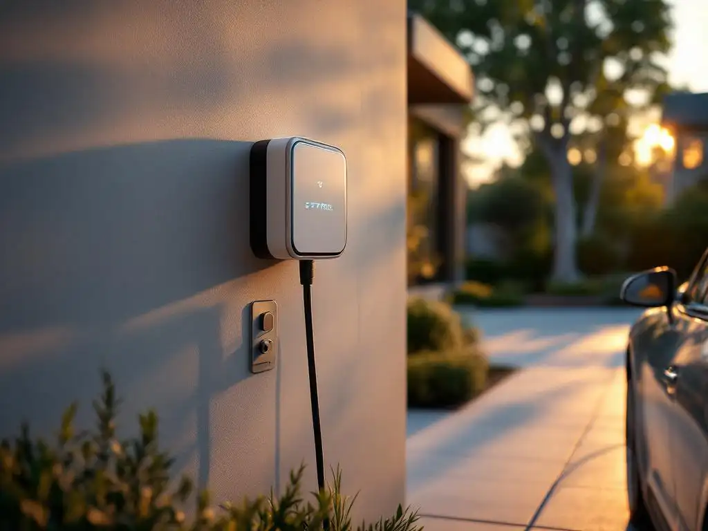 White electric car charging at wall-mounted home charging station in residential driveway during golden hour