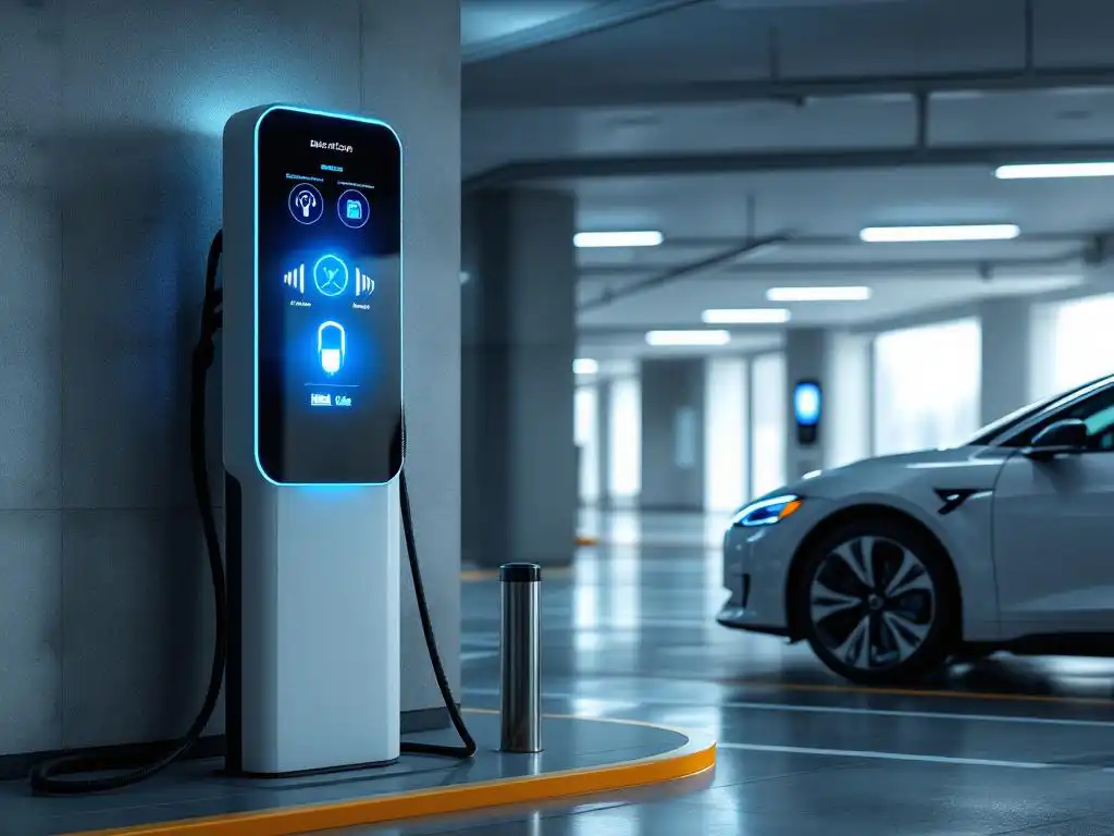 Modern electric vehicle charging station with blue LED lights and digital display connected to business car in corporate car park
