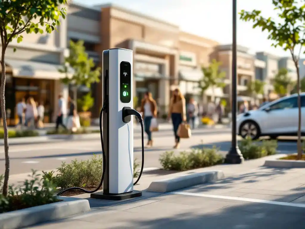 Electric vehicle charging station with white EV plugged in front of shopping centre, shoppers with reusable bags in background