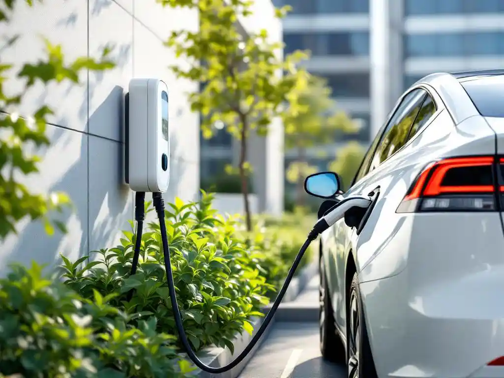 White electric vehicle charging at modern business station with green plants and solar panels on nearby building