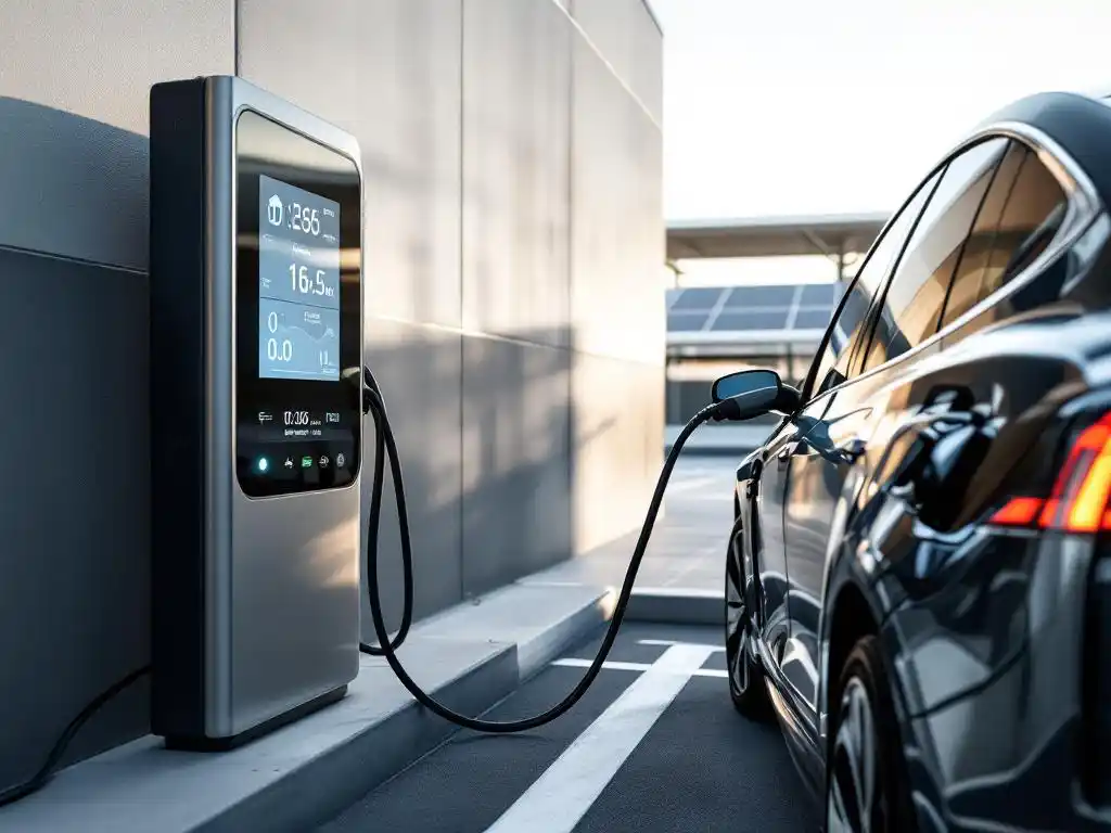 Electric vehicle charging at commercial station with digital display, solar panels on building roof in background