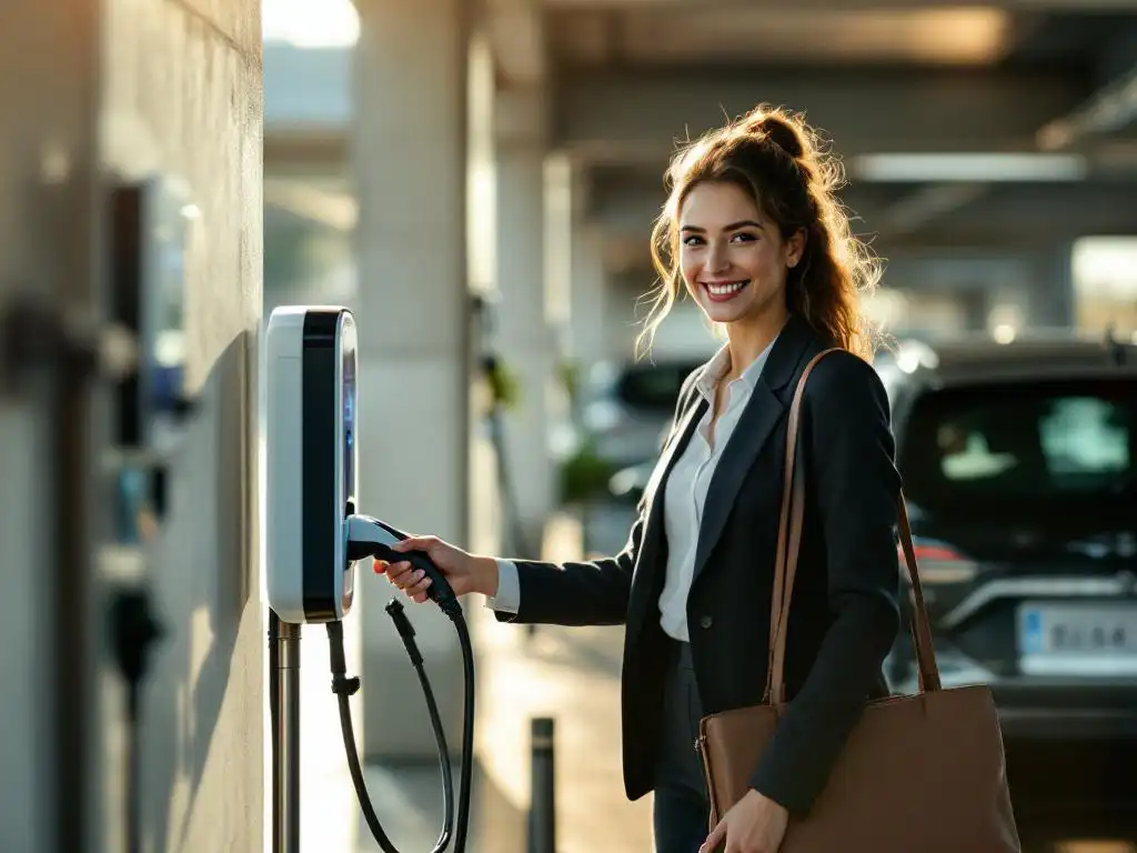 Professional woman charging electric vehicle at workplace parking garage, laptop bag on bonnet, morning sunlight streaming through pillars.