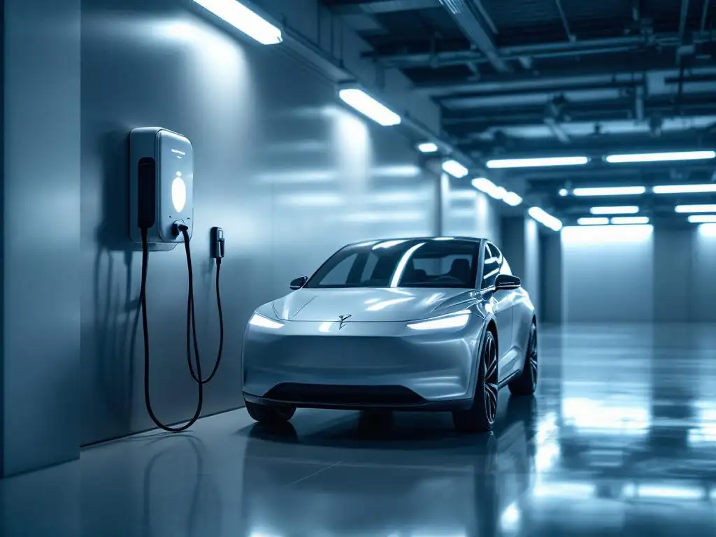 Modern electric vehicle charging at wall-mounted station in contemporary corporate car park with polished concrete floors