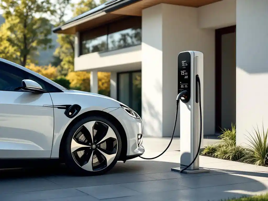 White electric vehicle charging at modern station in smart home driveway with solar panels on roof in bright daylight.