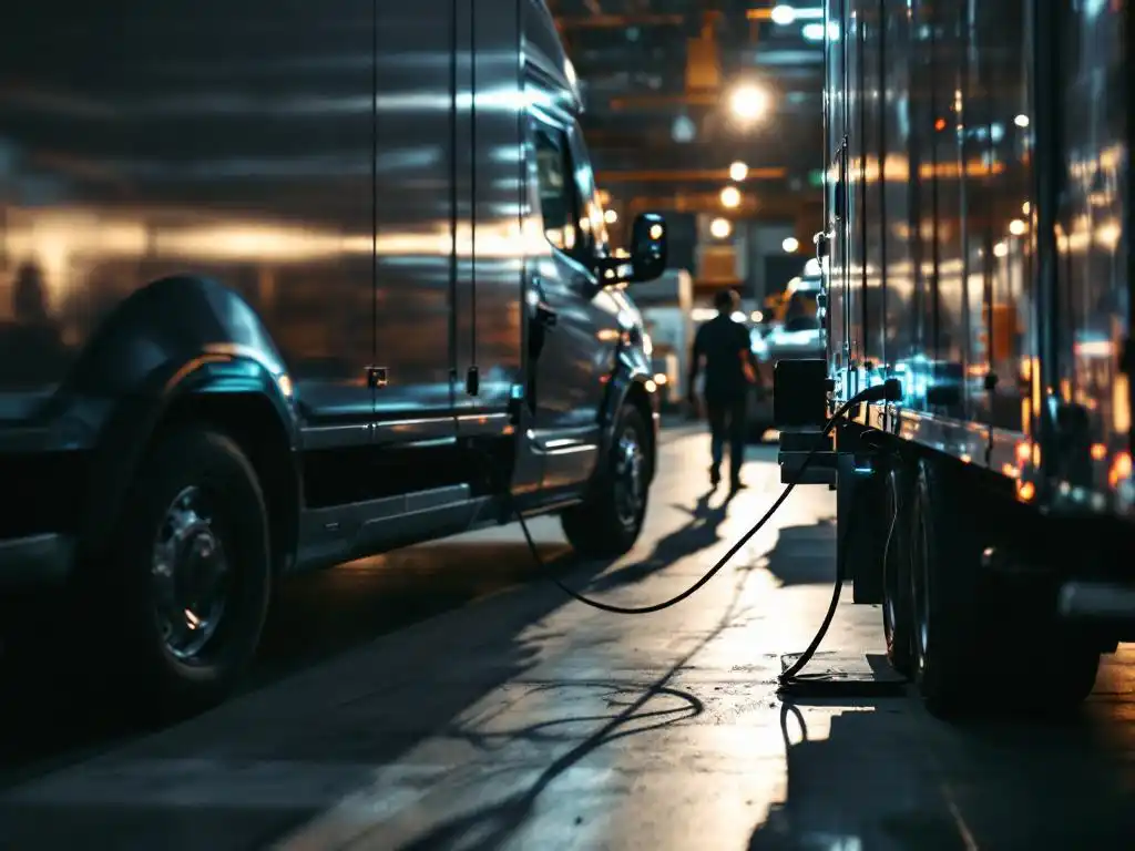 Electric delivery truck charging at station in busy logistics depot with workers handling packages in background