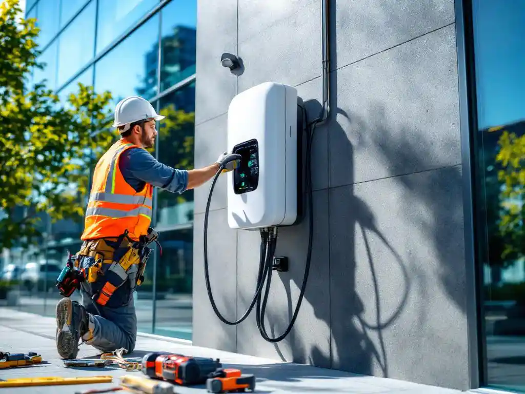Professional electrician in high-visibility vest installing white EV charging station on modern office building exterior wall